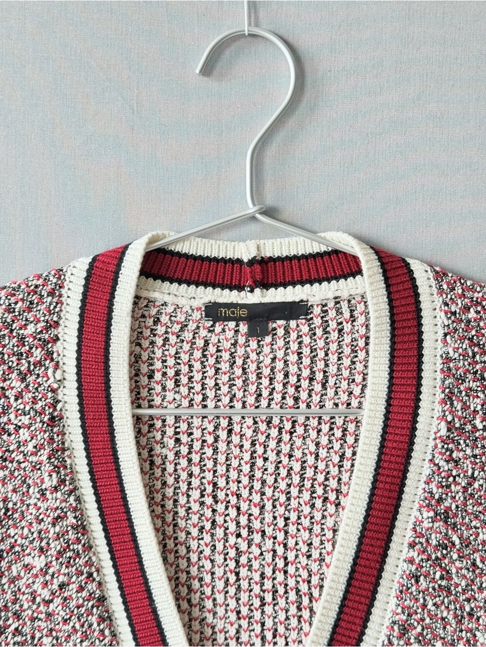 Maje Mapada Marled Red and White Knit Button-Front Cardigan - Tweed Look - Sz 1 - Picture 2 of 9